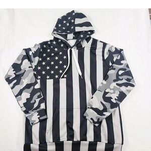 Camo American Flag Patriotic Hoodie Pocket USA Gray Black 4th Of July Mens L/XL